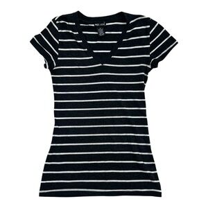 Wet Seal Vintage V-Neck Striped Dark Grey White Fitted Tee - Junior Size Medium
